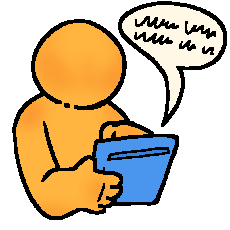 a plain emoji yellow person holding a blue AAC tablet in one hand and tapping it with the other. they have a speech bubble with scribbles indicating words in it; the speech bubble comes from the AAC device.